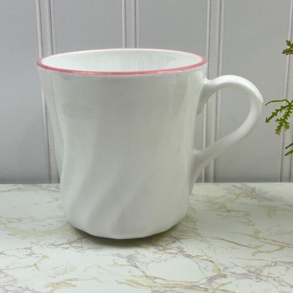Set of 4 White Ceramic Coffee Mugs with Pink Rim 8oz Capacity Swirl Pattern - Picture 2 of 10